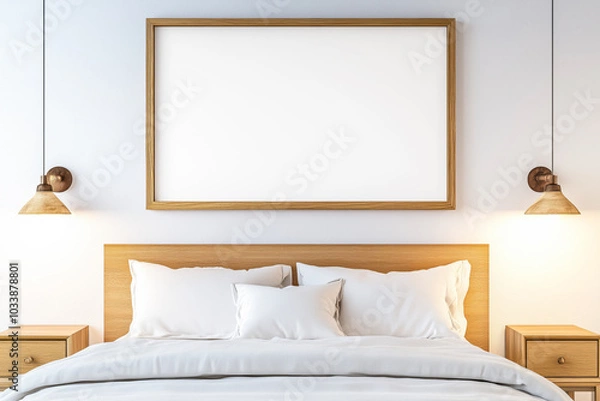 Fototapeta Modern style bedroom interior with a mock up frame for wall decoration