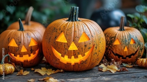 Fototapeta Three beautifully carved pumpkins with glowing faces, placed on a wooden surface surrounded by autumn leaves, creating a festive Halloween ambiance