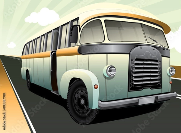 Fototapeta Digital illustration of a vintage bus in retro colours