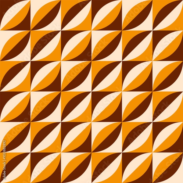 Fototapeta Autumn retro mod leaves mosaic brown yellow Vector Pattern. Midcentury geometric petals checkered diagonal seamless pattern.