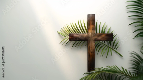 Fototapeta Wooden Cross with Palm Leaves, Religious Symbol in Natural Light