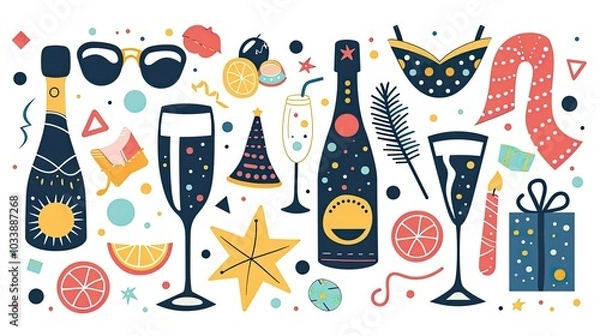 Obraz Festive New Year elements, champagne bottles and glasses