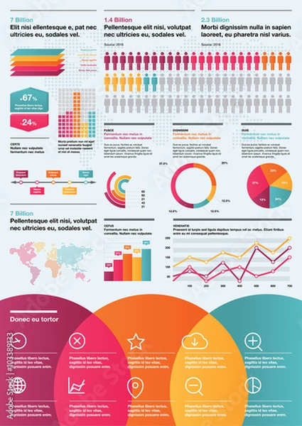 Fototapeta Modern infographics with dotted map of the world and flat icons