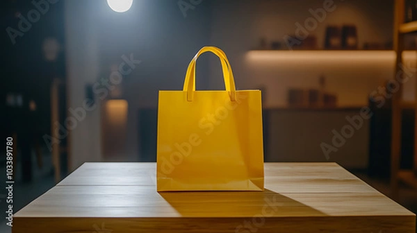 Fototapeta A single yellow shopping bag stands centered on a simple wooden table, against a plain white backdrop, brightly illuminated by studio lights, creating a vibrant and clean composition