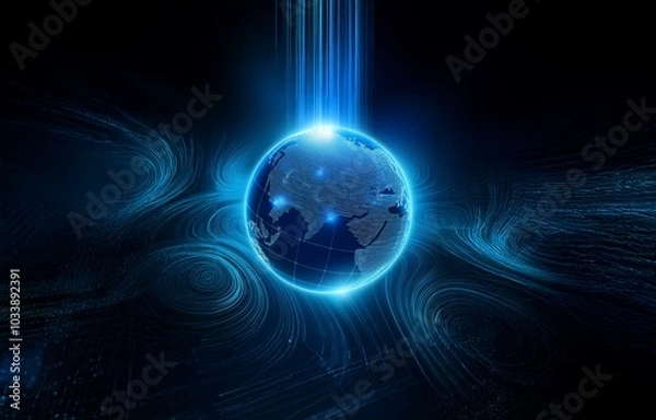 Fototapeta A blue glowing digital globe with lines and swirls of light behind it.