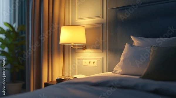 Fototapeta A glowing wall lamp with smart plug integration, adding a soft, cozy touch to a modern bedroom.