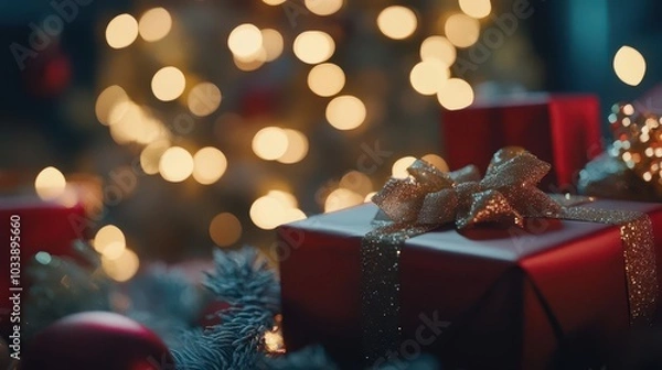 Fototapeta a charming scene with beautifully wrapped christmas gift boxes adorned with bokeh lights, creating a magical and festive holiday atmosphere, perfect for the season