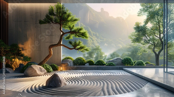 Fototapeta Zen Garden with Bonsai Tree and Mountain View