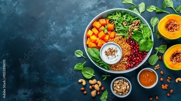 Fototapeta Un bol de ensalada colorida con trozos de calabaza, granada, espinacas y nueces, servido sobre una mesa oscura.
