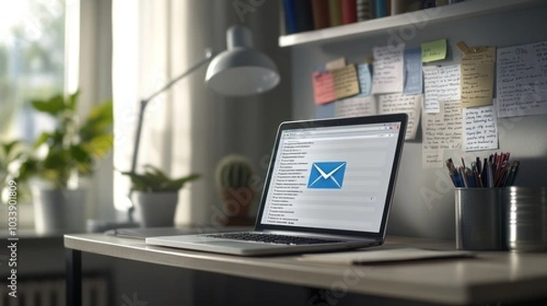 Fototapeta view of a laptop screen displaying a new email alert notification,