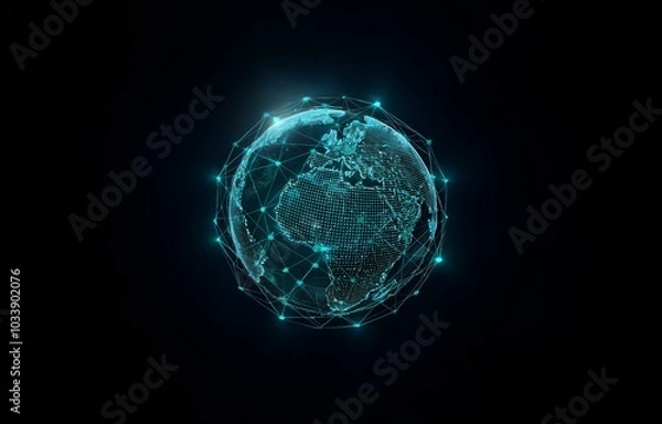 Obraz A glowing, blue, digital globe on a black background. The globe is made up of lines and dots, creating a sense of interconnectedness.
