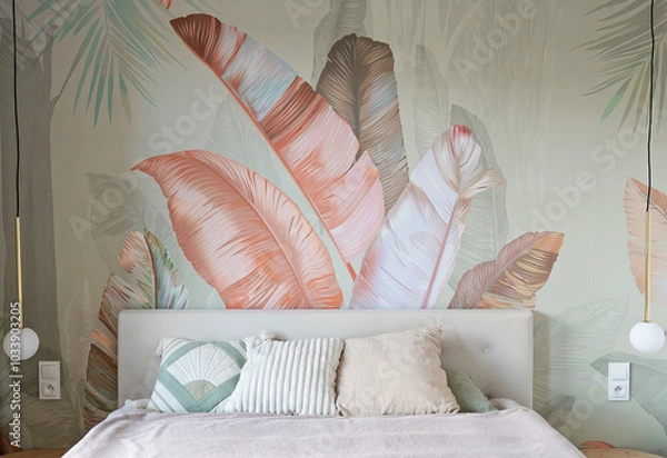 Fototapeta Modern interior of bedroom with comfortable bed with pillows and textured wallpaper od the wall with leaves pattern. Design house and cozy home.