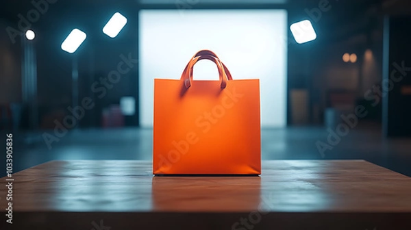 Fototapeta A vibrant orange shopping bag stands upright on a sleek wooden table, set against a plain white backdrop, with bright studio lights illuminating the scene and enhancing the bag's bold color