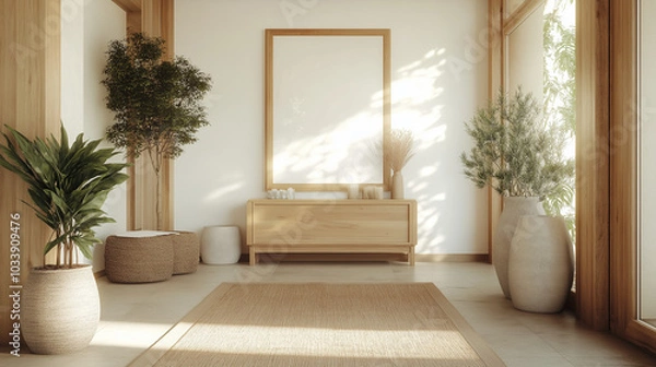 Fototapeta A cozy hallway with soft light from the windows, warm wooden furniture, and simple decor