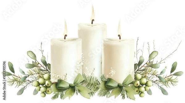 Fototapeta 3 white candles with green bows