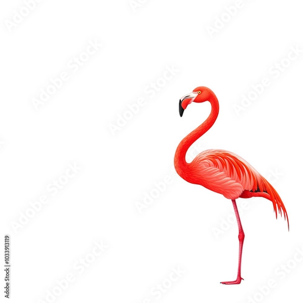 Fototapeta Flamingo standing gracefully on a white isolated background.