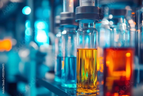Obraz close up of glass containers filled with colorful chemicals, showcasing vibrant hues of orange, yellow, and blue. scene evokes sense of scientific exploration and curiosity