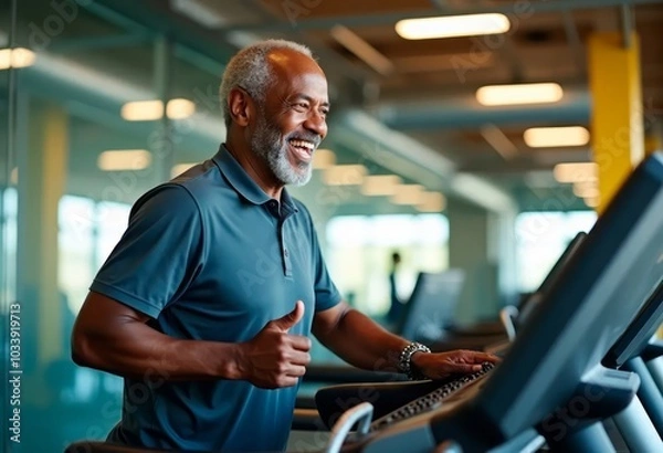 Fototapeta Happy elderly black man exercising on treadmill at gym