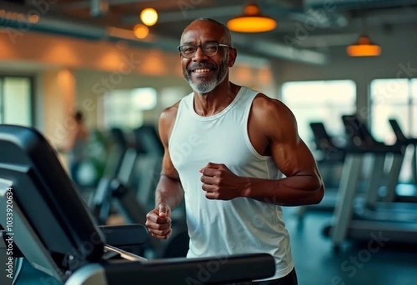 Fototapeta Happy elderly black man exercising on treadmill at gym