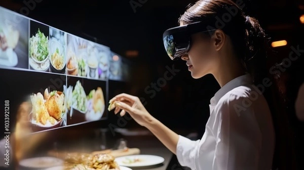 Obraz Woman Using VR Headset to Interact with Food Menu