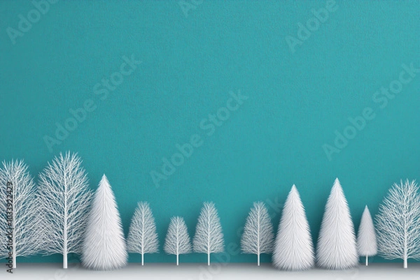 Fototapeta 3D render of white Christmas trees on a turquoise background. Minimal Christmas and New Year concept. 