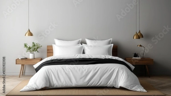 Fototapeta Elegant bedding set mockup featuring a duvet, pillows, and bedsheets. Perfect for showcasing your textile designs