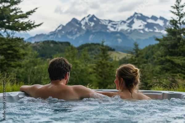 Fototapeta Happy couple relaxing in hot tub with nature view