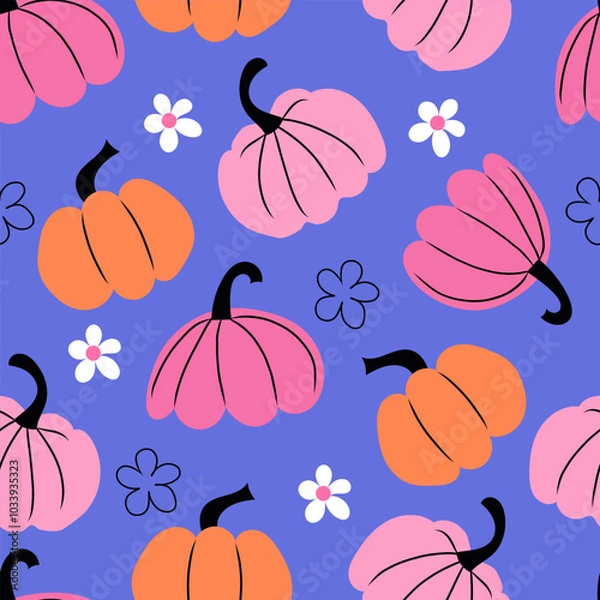 Fototapeta Cute colorful doodle pumpkins and flowers on blue background. Vector seamless pattern. Ideal for autumn decorations, cute seasonal designs, fabric prints, and festive fall-themed projects.