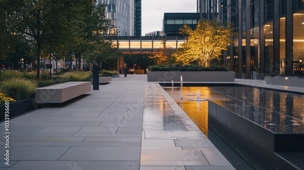 Obraz Modern cityscape with illuminated trees and reflecting pool at dusk