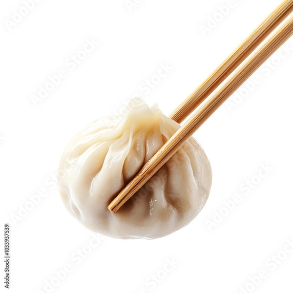 Obraz Delicious dumpling held with chopsticks showcasing a delicate skin filled with savory ingredients, perfect for culinary delights.