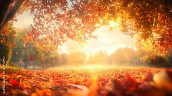 Fototapeta A close-up view of fallen autumn leaves on the ground, with a blurred background of trees and a golden light shining through the branches.
