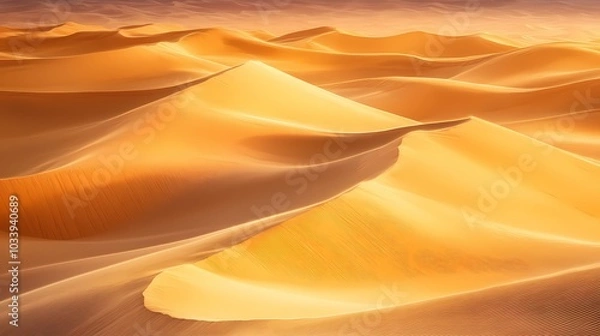 Obraz The image is a close-up of a desert landscape, with rippling sand dunes lit by the golden glow of the setting sun.