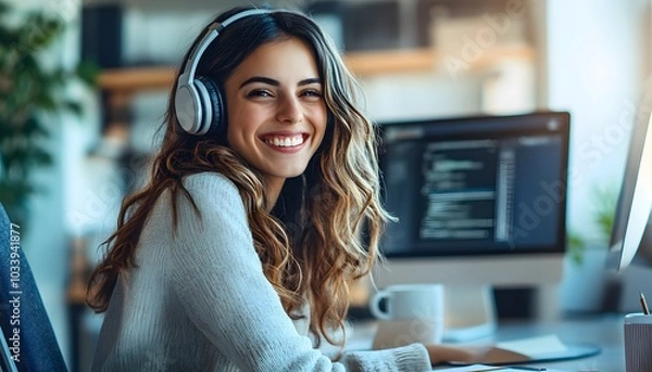 Obraz Smiling Woman with Headphones Working at a Desk