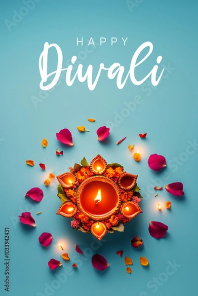 Fototapeta Diwali Diyas in a Circular Pattern with a Decorative Border