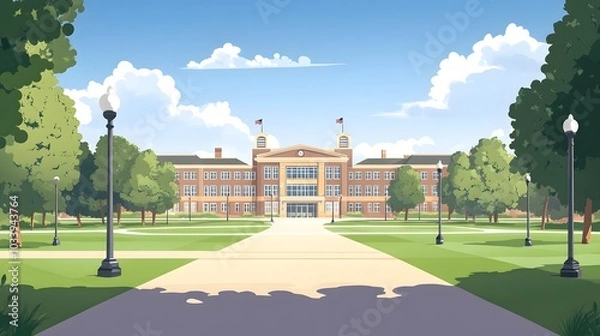 Fototapeta Flat vector illustration of the front view exterior of an American high school building, with simple flat colors on a white background