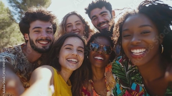 Fototapeta Selfie group of smiling multicultural young friends outdoors. Cheerful people posing happy for mobile photo hugging looking at camera all together. Positive relationships in community in generation