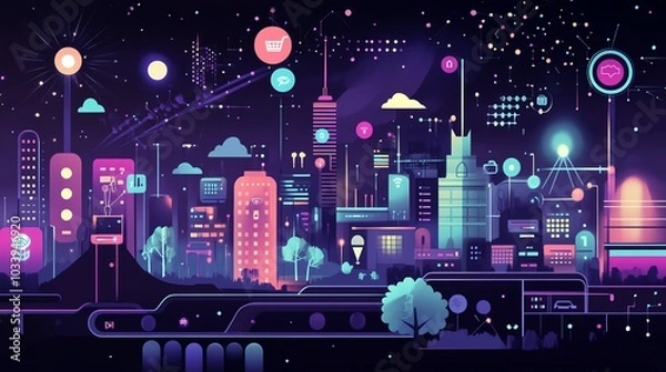 Fototapeta Large object representing coding, secure checkout, wellness, network infrastructure, and environmental protection, flat design illustration