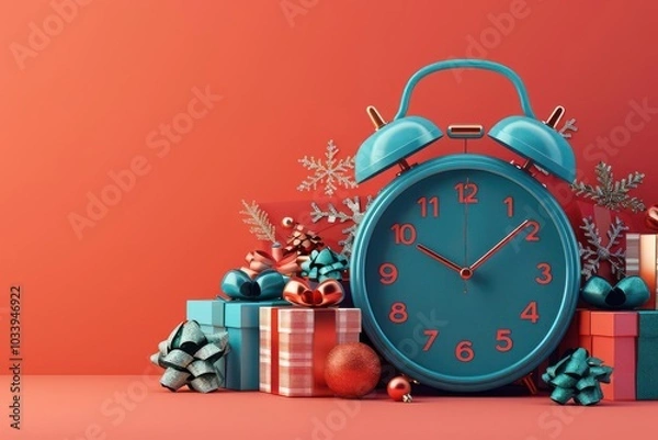 Fototapeta Vintage clock with Christmas gifts, red background