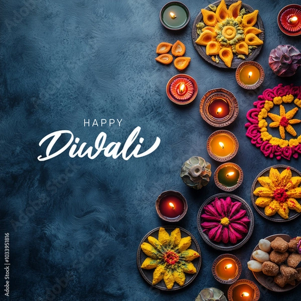 Fototapeta Festive Diwali Table with Glowing Diyas and Sweets