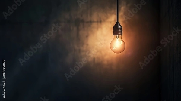 Fototapeta Dark empty room with single flickering light bulb casting long shadows, emphasizing absence of power and eerie atmosphere, minimalist setting with focus on light bulb's glow.