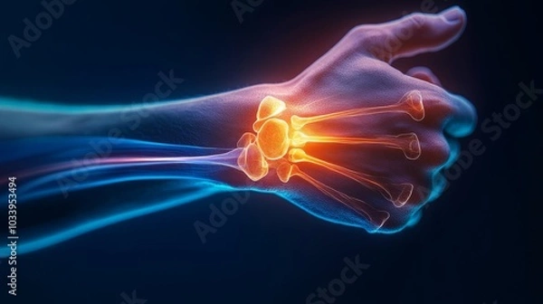 Fototapeta A detailed view of a human hand and wrist showcases the skeletal structure, with focus on bones and joints illuminated in a bright orange color. This visual emphasizes human anatomy and movement.
