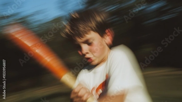 Obraz Young boy swinging a bat in motion during a game