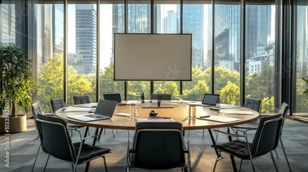 Fototapeta corporate meeting room featuring a long table, whiteboard with markers,