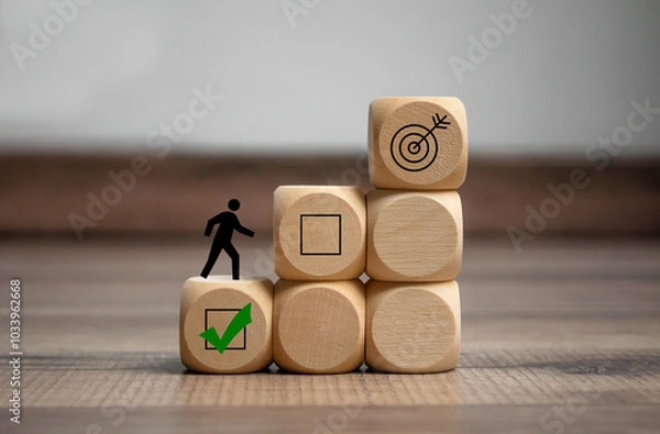 Obraz Cubes, dice or blocks with ladder and steps to success on wooden background