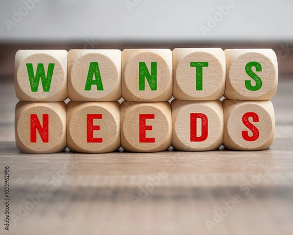 Obraz Cubes, dice or blocks with metapher wants or needs on wooden background