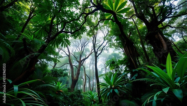 Fototapeta The lush and vibrant environment of a rainforest, showcasing dense foliage, diverse plant life, and the sounds of wildlife, creating a breathtaking and immersive natural experience.