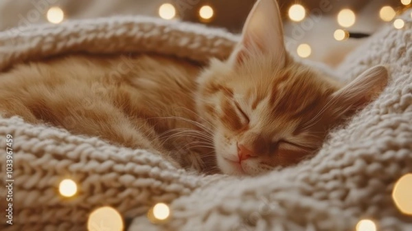 Fototapeta A peaceful orange cat sleeps cozy on a soft blanket, surrounded by beautiful glowing lights in a warm atmosphere.