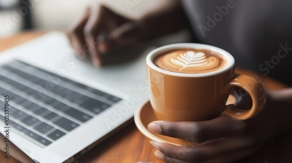Fototapeta A person enjoying a double espresso while working on a laptop, blending productivity with pleasure