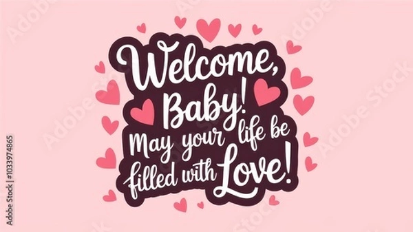 Fototapeta Playful Baby Welcome Card Design: Colorful hearts and joyful typography on a soft pink background, perfect for celebrations.