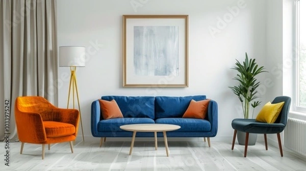 Fototapeta Modern Living Room Interior Design with Blue Sofa Orange Chair and Wooden Floor